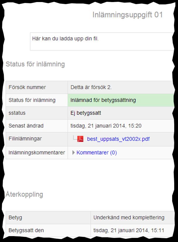 Längst ner på den enskilda studentens sida i uppgiften visas studentens tidigare försök under rubriken Tidigare försök. 3.