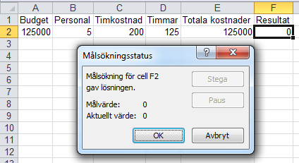 Analys - Målsökning Analys Målsökning Ibland kan det vara så att du vet vilket resultat du önskar dig av en formel, men skulle vilja anpassa något av de ingående värdena så att du får just detta