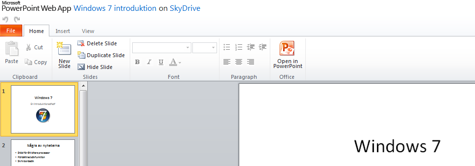 Office Web Apps Office 2010 finns även i en webbversion, vilket betyder att du arbetar i en vanlig webbläsare mot Microsofts servrar som du kan komma åt överallt där du har tillgång till Internet.