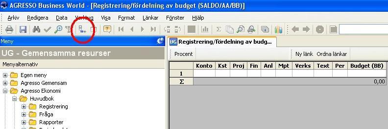 Öppna registrering/fördelning av budget Nedanstående bild visas på skärmen och budgeten kan registreras manuellt rad för rad.