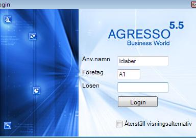 När du loggar in i Agresso fyller du i användarnamn+företag (din institution) och lösenord (var noga med VERSALER och gemener).