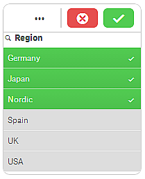 När du gör ett urval återspeglas det i de små staplarna nederst i varje filterrutedimension. Fyra tillstånd visas i staplarna: vald (grön), valbar (vit), alternativ (ljusgrå) och utesluten (mörkgrå).