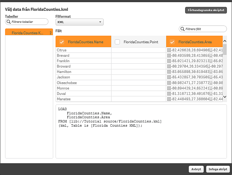 När du klickar på Infoga skript genereras följande skript: LOAD FloridaCounties.Name, FloridaCounties.Area FROM 'lib://data 7/FloridaCounties.