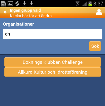 Detta gör du genom att klicka på det orangea fälte överst på skärmen, fyll i föreningens namn i