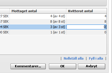 Ordern öppnas och alla artiklar och hur mycket som är kvitterat ligger default i kolumnen för Kvitterat antal.