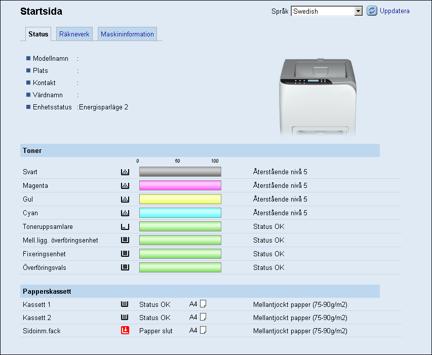 Kontrollera systeminformationen Kontrollera systeminformationen Klicka på [Startsida] för att visa huvudsidan för Web Image Monitor. Här kan du kontrollera aktuell systeminformation.