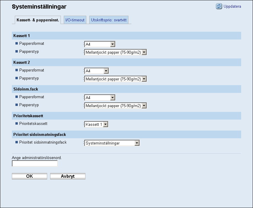 6. Övervaka och konfigurera skrivaren Konfigurera systeminställningarna Klicka på [Systeminställningar] för att visa sidan där systeminställningarna konfigureras.