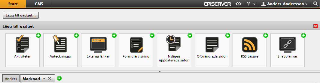 Arbeta med EPiServer OnlineCenter 11 Lägga till gadgetar 1. Välj Lägg till gadget... högst upp i OnlineCenter. 2. Välj den typ av gadget du vill lägga till genom att klicka på den.