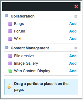 Klicka på knapparna vid sidan av Samarbete eller Innehållshantering för att se de olika verktyg som finns Blogg (alla kan posta meddelanden och kommentera) Forum här kan du föra trådade diskussioner