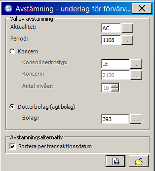 Page 21 of 25 Underlag för förvärvselimineringar rapport Det finns möjligheter att skriva ut en rapport på transaktionerna i förvärvsregistret.