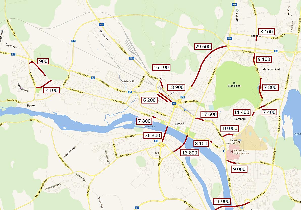 Figur 23. Trafikflödet på utvalda vägar i Umeå. Uppmätt under 2011. Trafikflödet kommer att påverkas av de nya vägdragningarna runt Umeå.