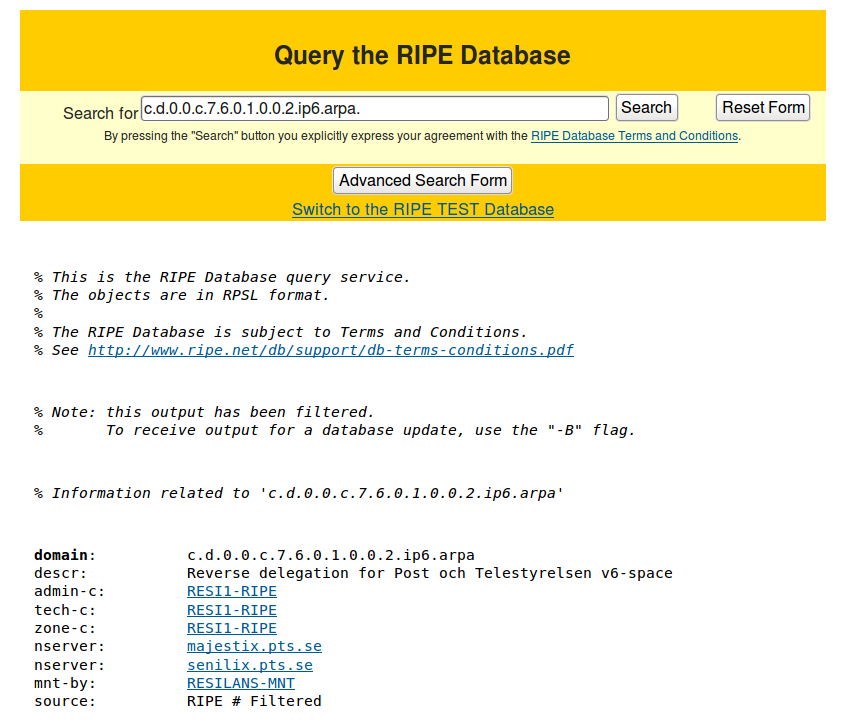 Se till att er ip6.arpa är delegerad till organisationens DNS:er; att bakåtuppslagning är aktiverad och fungerar. 1.3.1 Exempel med PTS DNS PTS blev tilldelade 2001:67c:dc::/48. PTS ip6.arpa blir c.d.0.0.c.7.6.0.1.0.0.2.ip6.arpa. Vid en whois-sökning i RIPE NCC:s databas (http://www.