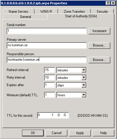 2. Välj prefix som den ska hantera. Windows hjälper dig med att skapa IP6.arpa så du slipper räkna ut den manuellt. 3.