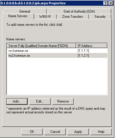 4. Korrekt namn på namnservern (NS RR) måste anges. Windows föreslår ett internt namn. Skriv in DNS:ens externa namn.