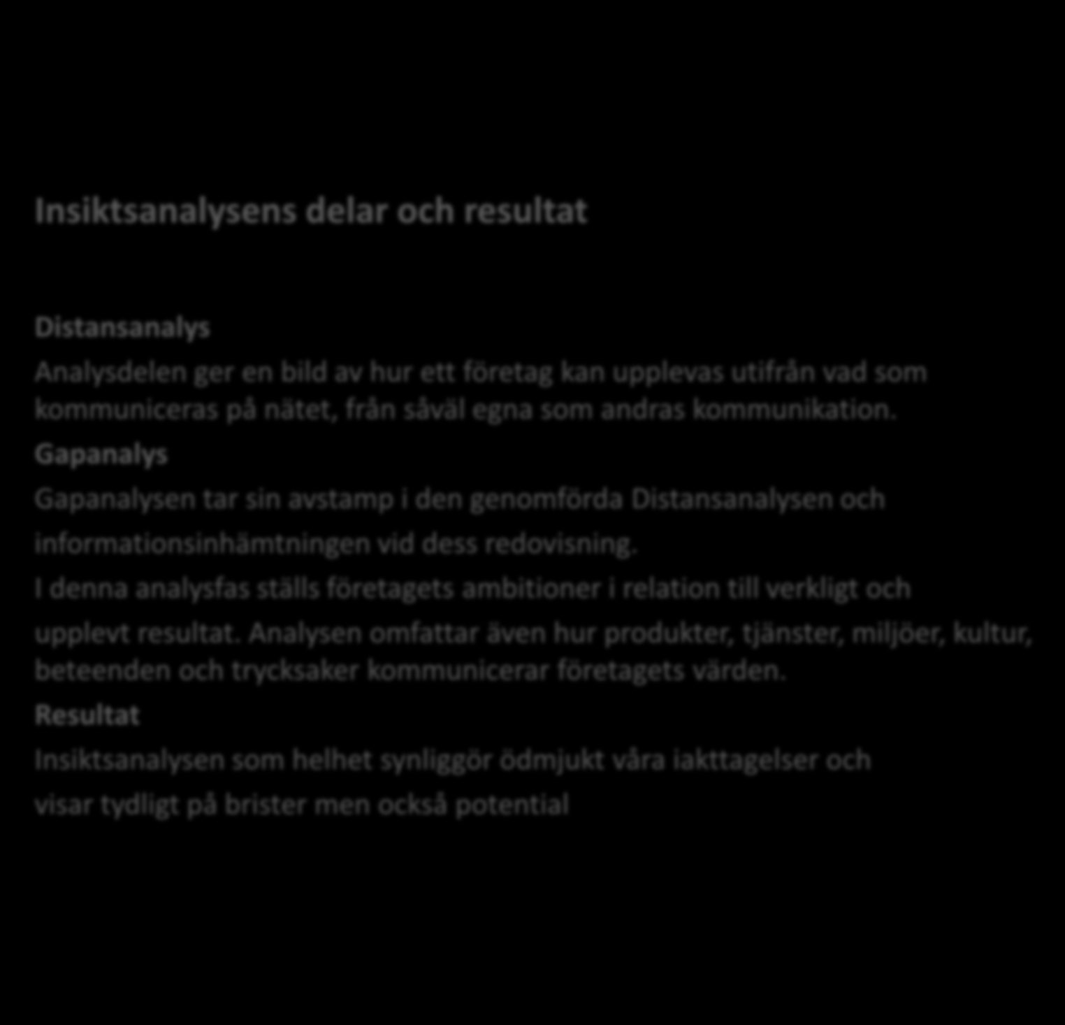 Insiktsanalysens delar och resultat Distansanalys Analysdelen ger en bild av hur ett företag kan upplevas utifrån vad som kommuniceras på nätet, från såväl egna som andras kommunikation.