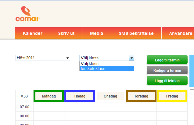 3.3 Skapa Schema När man har skapat en termin så väljer man den i dropplistan för att kunna gå vidare med att skapa ett schema. Därefter väljs aktuell klass OBS!