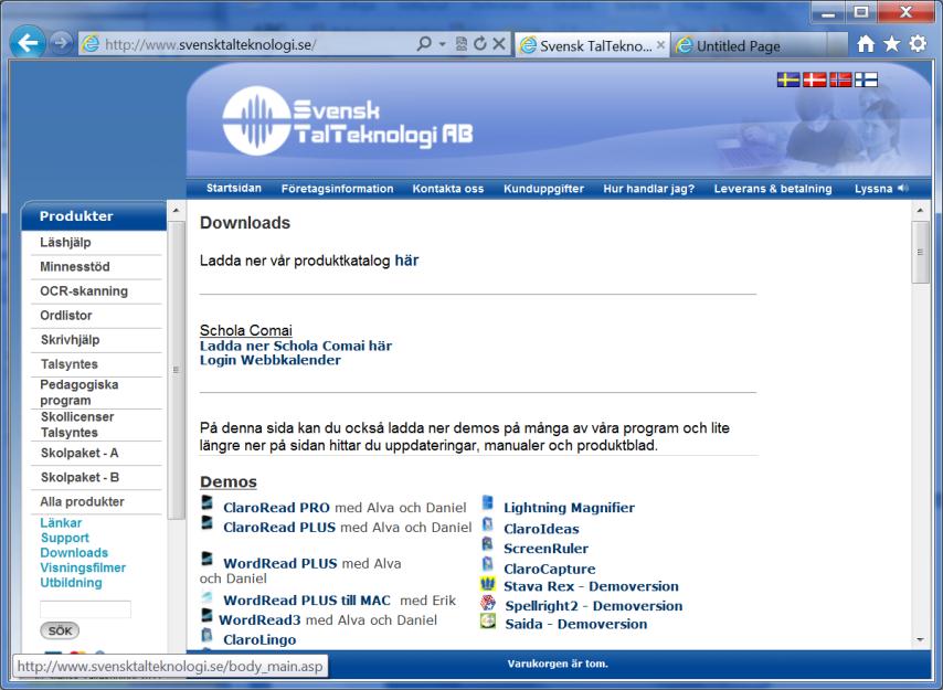 1.7 Start Gå in på www.svensktalteknologi.se klicka på Downloads och sedan på länken Ladda ner Schola Comai här. 1.7.1 Grundinställning i browser För att få en optimal storlek på bildutförandet på datorns bildskärm kan man välja zoomstorlek i browsern.