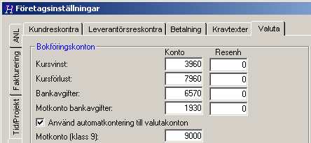 Valutakonton Valutakonton är till för att du ska kunna hålla reda på hur mycket av en valuta du har använt. Du anger då ett internkonto i 9000 serien (internkonton).