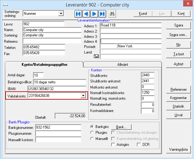På fliken Konto/Betalningsuppgifter har du möjlighet att välja det valutakonto du lagt upp.