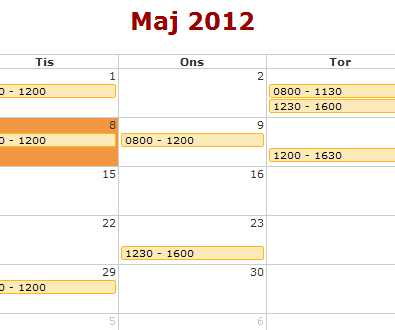 5.2 Tillgängliggör enstaka tider Välj kalenderflik. Fälten för att hantera tider för den aktuella dagen under kalendern visas. Lägg in start- och sluttid för förmiddag och eftermiddag. Välj tider.