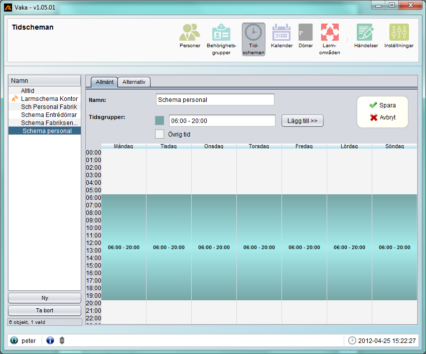 Klicka på Ny och välj Normalt tidsschema. Namnge schemat till Schema Personal och klicka på Nästa. Välj 1 tidsgrupp och ange 06:00 20:00 på tidsgrupp 1. Välj Slutför och du får upp ett tomt schema.