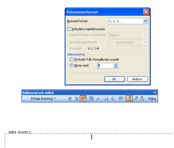3. Denna sidnumrering ska nu börja med nr 1. I verktygsfältet väljer du nu Formatera sidnummer [1] varvid dialogrutan Sidnummerformat kommer upp. Under sidnumrering väljer du då Börja med 1 [2].