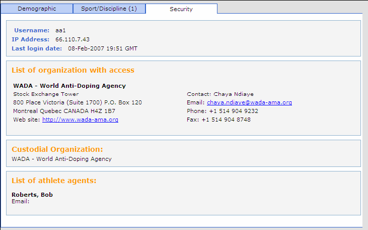 Security Här visas vilka organisationer som har tillgång till din information och vilken organisation som satt dig på prioriterad lista (custodial organization).