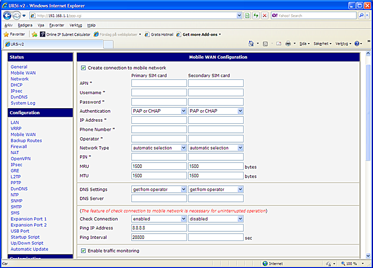 Fig. 5: Fliken "Mobile WAN" med grundkonfigurationer. 4.2.2 Mobile WAN Routern är konfigurerad för att skicka en PING-signal till en publik server var 8:e timma.