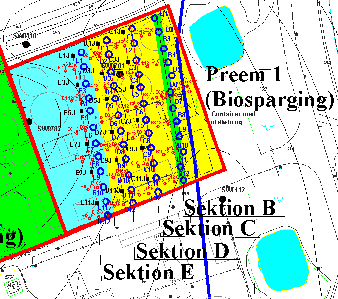 Omfattning av borrningar t.o.m. sektion E Varje sektion (120 m lång) består av 12 st biospargingrör samt en rad med 6 dubbla rör (filter över gv ytan resp ök 1 m under gvy) 6 m framför