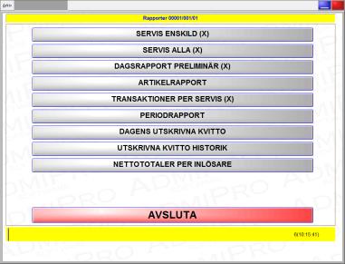 18 3) Rapporten visas nu på skärmen. 4) Tryck på Utskrift tangenten för att skriva ut. Utskrivna kvitton Rapporten visar en dags försäljning kvitto för kvitto.