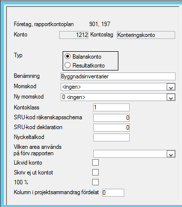 Rapportkontoplan Redovisning Registervård Rapportkontoplan höger klicka när du står på konto välj redigera egenskaper. Här sker arbetet med att styra utskrifter, momsdeklarationer och SRU.- filer.