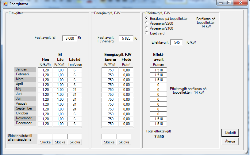 2.6 Energitaxor Energitaxor för de olika energislagen kan ändras i formuläret Energitaxor. Elavgifter kan anges för varje månad samt för låg och höglast.