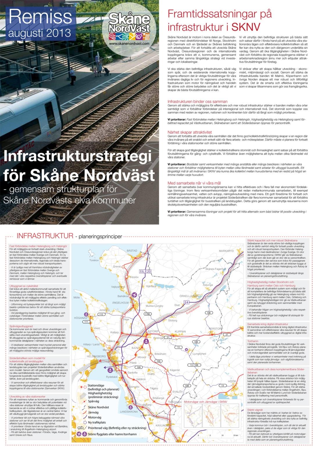 Infrastruktur Fast förbindelse mellan Helsingborg och Helsingör. Utbyggnad av cykelvägsnätet. Spårvägsutbyggnad. Söderåstrafiken som modell för kollektivtrafik på landsbygden.
