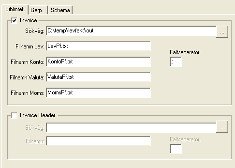 F U N K T I O N Sökväg, Invoice Ange sökväg för exportfiler till Invoice Filnamn Lev Ange filnamn för leverantörer Filnamn Konto Ange filnamn för kontouppgifter Filnamn Valuta Ange filnamn för