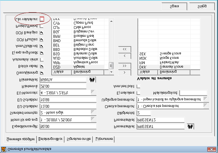 Faktureringens Generella data I Faktura-modulens rutin Generella kundfakturadata markerar man om fakturor och resebyråbeställningar ska låsas mot de använda valutornas aktuella kurser direkt då en