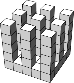 Känguru 2014 Student sida 2 / 8 3 poäng 1. En stor kub består av små kuber. Man tog bort små kuber varefter det kvarstod nio lika höga torn på jämn botten enligt figuren.