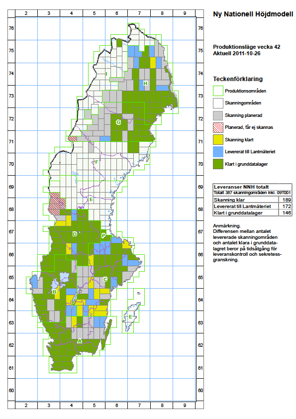 Ny Nationell Höjdmodell Nytt mål: hela Sverige skannat 2013 Fineditering mm 2014-2015 Status oktober 2011 Grönt = klart i lager Blått = levererat till LM Gult =