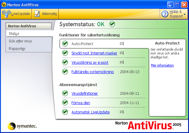 18 Komma igång Starta Norton AntiVirus Starta Norton AntiVirus Om huvudfönstret Alla programfunktioner går att komma åt från huvudfönstret.