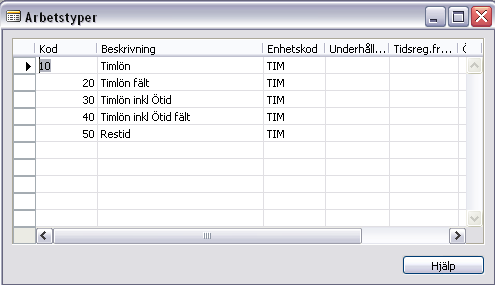 Stamdata till serviceplanering De angivna menyhänvisningarna refererar till Navigationsrutan i Navision. Arbetstyper Arbetstyper kan användas för att styra olika priser på resurser, t.ex.