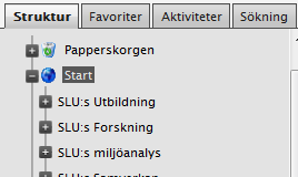 Fliken Favoriter visar de sidor som du angivit som dina egna favoriter. Ett sätt att komma åt sidor som du ofta arbetar med. Läs mer i stycket Favoriter i detta dokument.