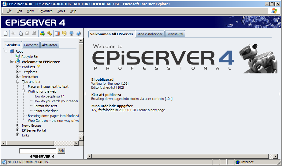 Kom igång med EPiServer 15 Kom igång med EPiServer Logga in EPiServer är ett webbpubliceringssystem som inte kräver speciellt mycket av vare sig dig som redaktör eller hård- och mjukvara på din dator.