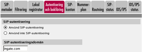 Gå till sidan Autentisering och bokföring och välj att autentiseringen ska vara på. Ange också den lokala SIP-domänen som Realm.