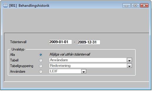 RAPPORT BEHANDLINGSHISTORIK eller Vid rättighetssättning finner du Behandlingshistorik under Systemrutiner. Urval på tidsintervall är obligatoriskt.