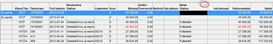 Radera eventuell inställning med raderaknappen När du jobbar med Se på partsaldo kan du själv ändra sorteringen under tiden.