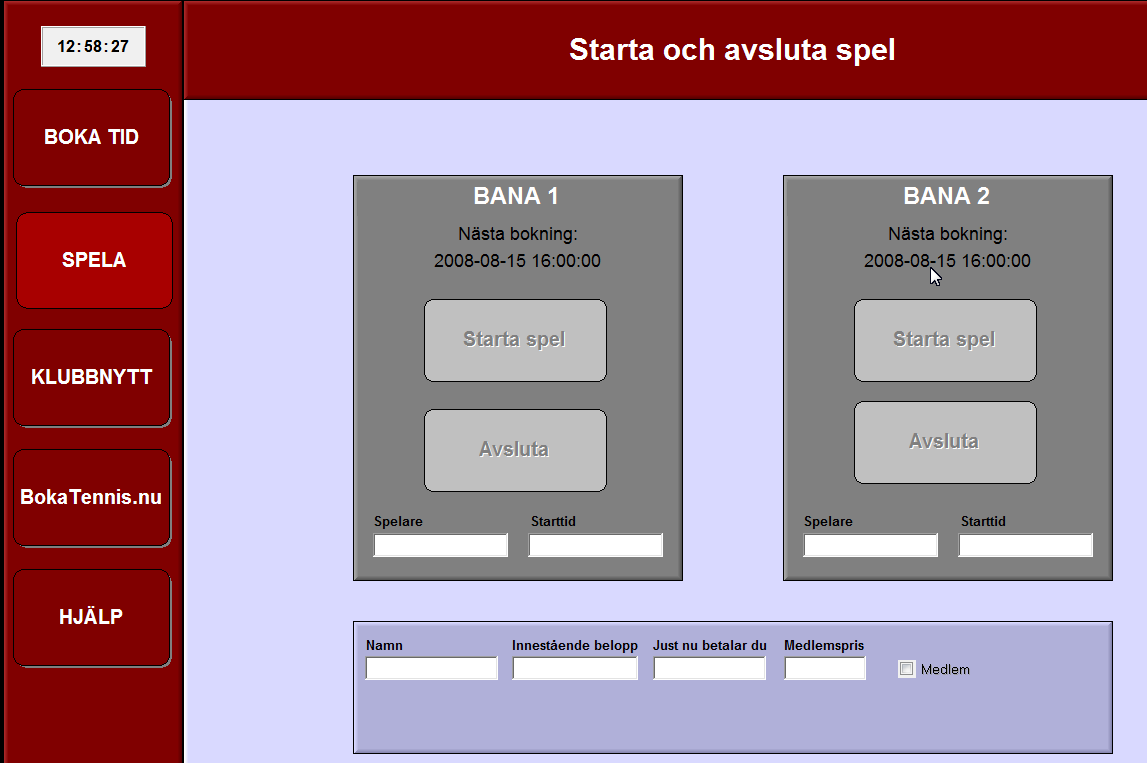 Klicka på Spela för att visa denna skärmbild Starta/Avsluta Spel Dina uppgifter Pris just nu Figur 2 Tennisterminalens gränssnitt Starta och avsluta spel Börja med att logga in, se ovan instruktion.