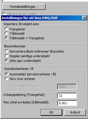 DWG-import Alt 1 Alt 2 Import till befintligt Applikationslager Import så att Applikationslager skapas med DWG-filens namn Ange inställning DWG via <Format > Via detta val kan ett antal