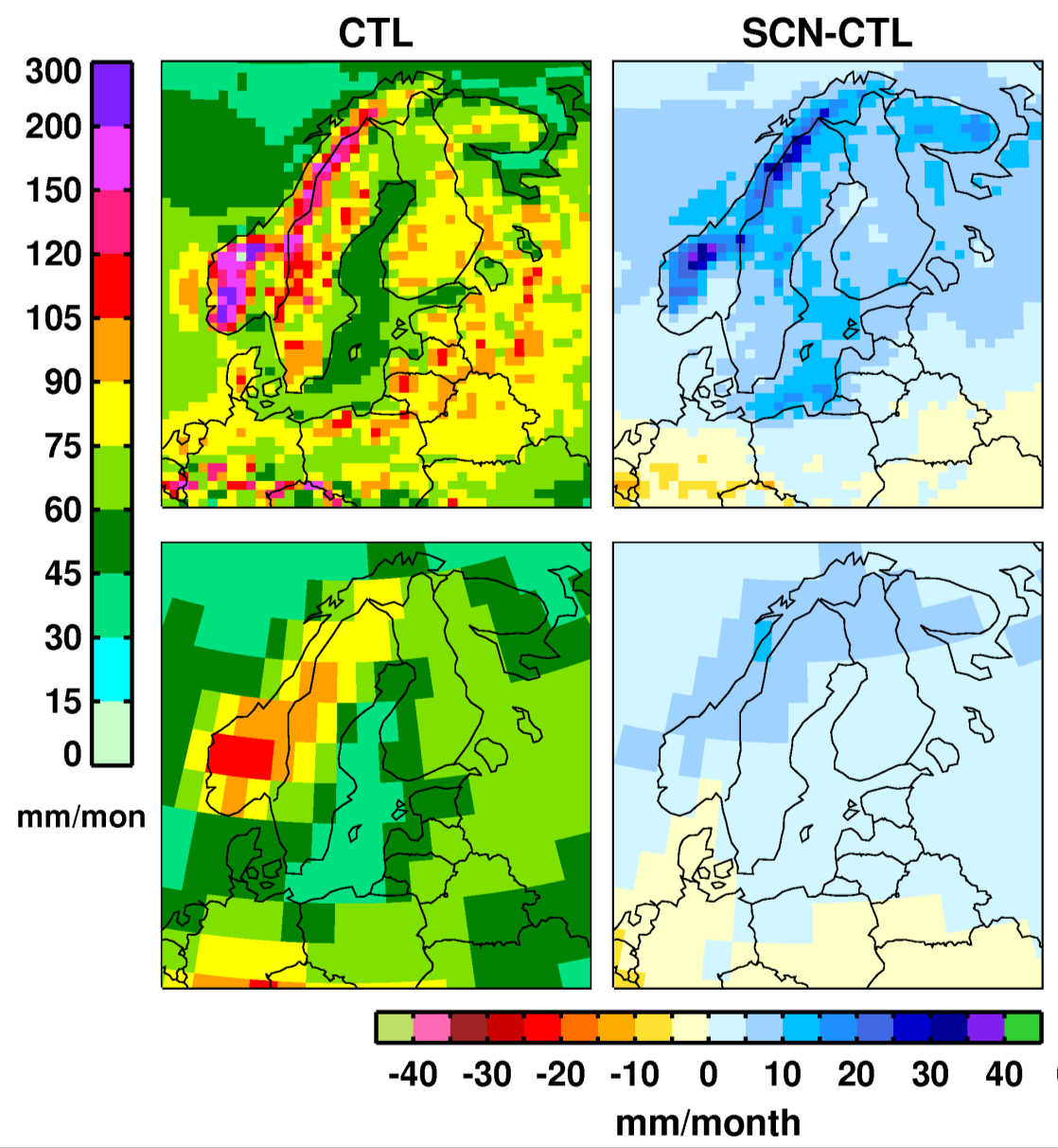 Nya scenarier på Rossby Centre Nederbörd (JJA), CTL: 1971-2000, SCN: