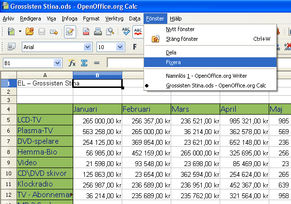 Fixera rubrikrader i ett register. Med hjälp av att fixera rader eller kolumner kan du få rubriker i ett register att alltid visas även om du scrollar dig ned eller till höger i Fixera rad 1.