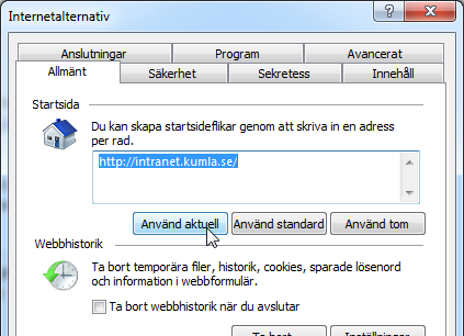 Internetinställningar - Byta startsida Internetinställningar Du kan göra inställningar för webbläsaren, en del begränsningar finns i Kumla kommun 1. Knappen Verktyg 2.