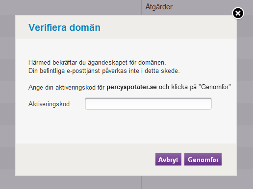 Kom-igång-guide för Administratör 25 Klicka på knappen Verifiera domän på raden för den domän där ditt företag vill använda Office 365.